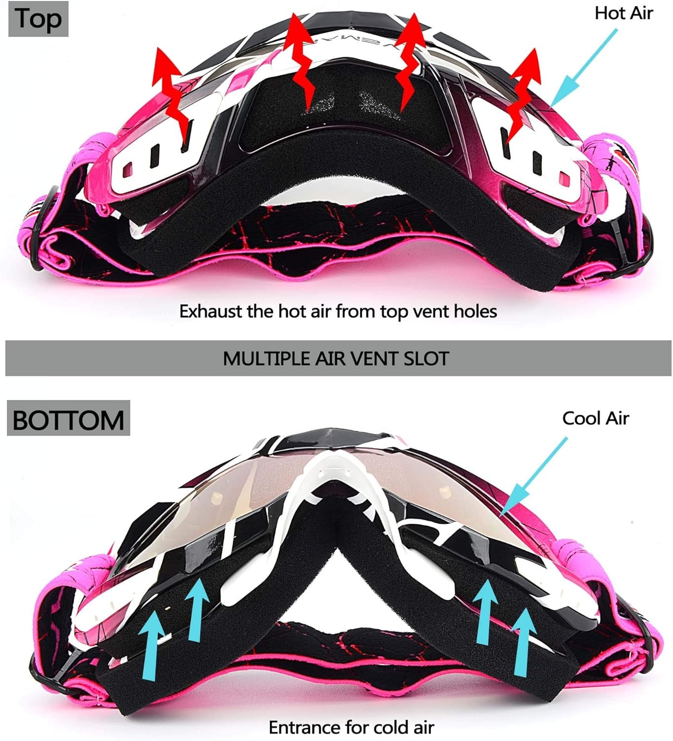 Motocross ATV Racing Goggles Dirt Bike, Bendable Windproof Dustproof Scratch Resistant Protective Safety Glasses (Pink)