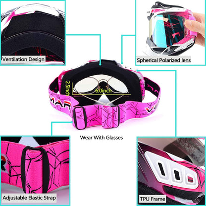 Motocross ATV Racing Goggles Dirt Bike, Bendable Windproof Dustproof Scratch Resistant Protective Safety Glasses (Pink)